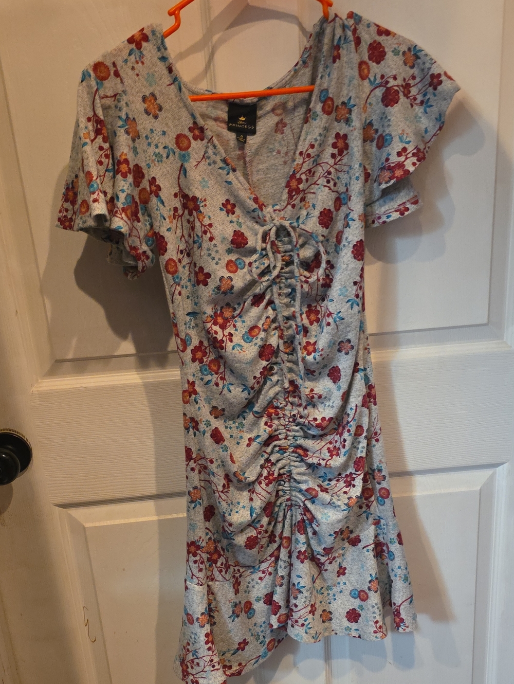 Vintage Floral Tie-Front Ruffle Dress - Grey with Red & Blue Flowers